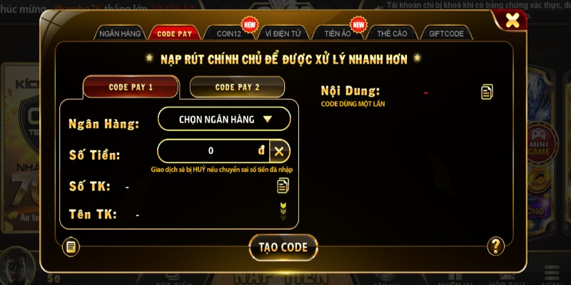 Tham khảo hình thức nạp tiền go88 Code Pay