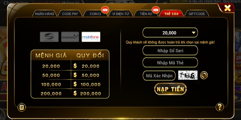 Nạp tiền go88 nhờ thẻ cào